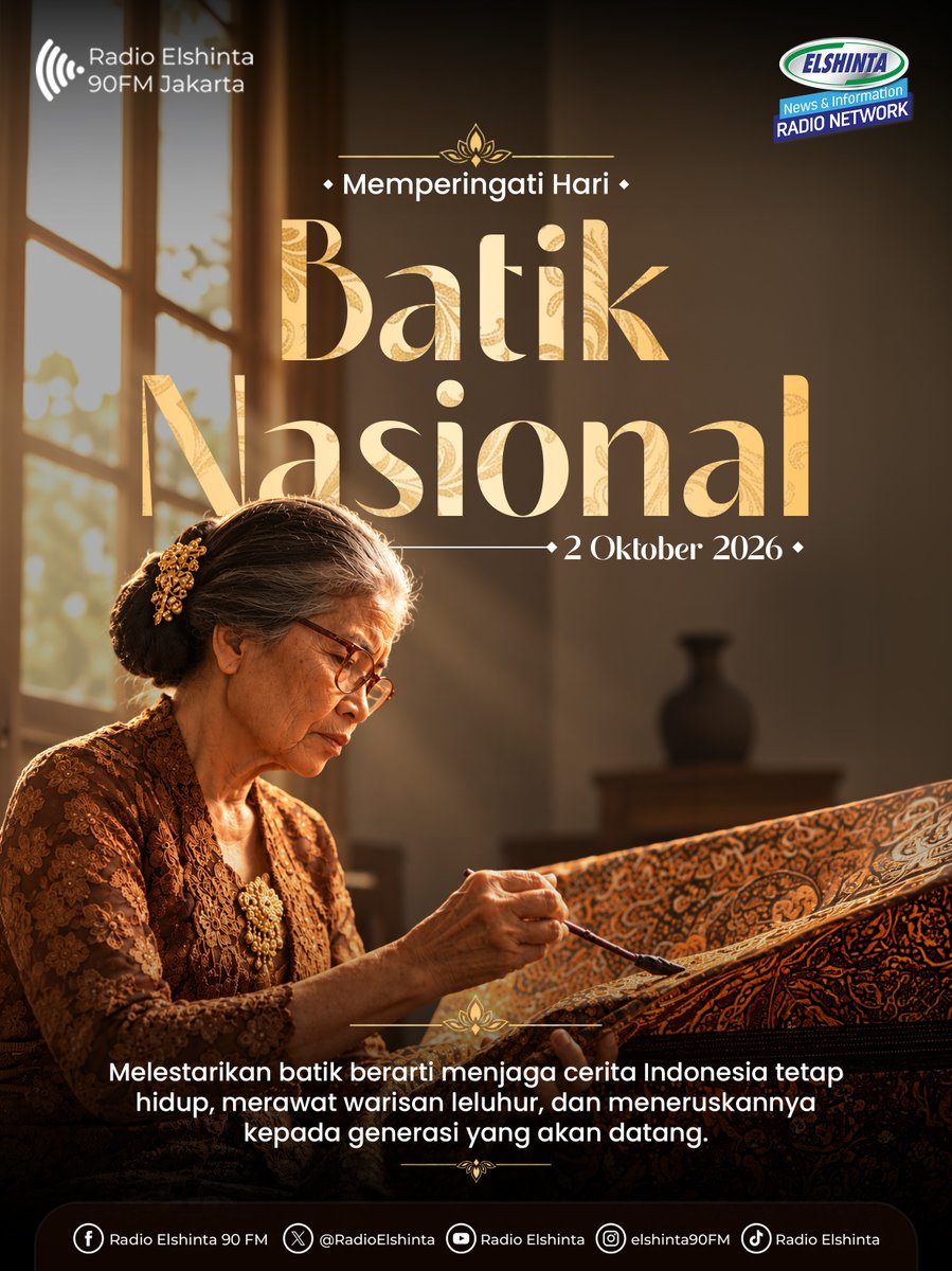 RadioElshinta's tweet photo. Selamat Hari Batik Nasional🌸

Melestarikan batik berarti menjaga cerita Indonesia tetap hidup. Merawat warisan leluhur dan meneruskannya kepada generasi yang akan datang.

Grafis: Asep
Penulis: Nauli

#HariBatikNasional #HariBatik https://t.co/f52tQj490q