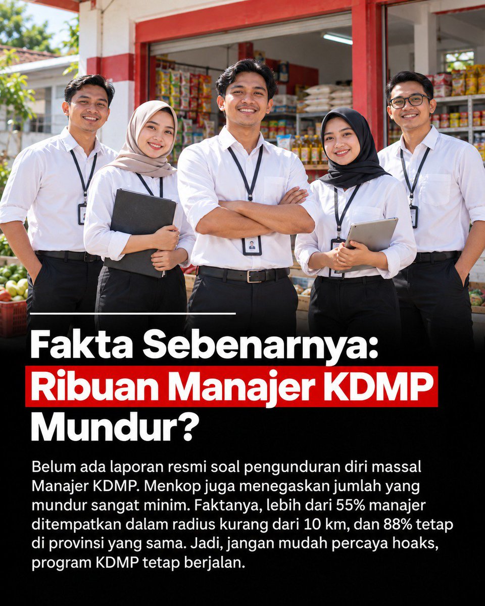 ismailekan's tweet photo. Isu ribuan Manajer KDMP mundur belum terbukti secara resmi. Faktanya, mayoritas penempatan tetap dekat domisili dan masih berada di provinsi yang sama. Yuk, cek fakta sebelum ikut menyebarkan kabar yang belum jelas.

#KDKMPTetapSolid https://t.co/dAojOWWMLA