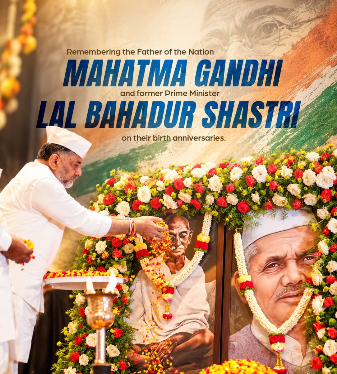 NSUIKarnataka's tweet photo. On the birth anniversaries of #MahatmaGandhi Ji and #LalBahadurShastri Ji, we pay our heartfelt tribute to two great leaders who dedicated their lives to the nation.
May their lives and values continue to inspire us to work for a stronger, peaceful and united India. https://t.co/yLxxVXCYH8