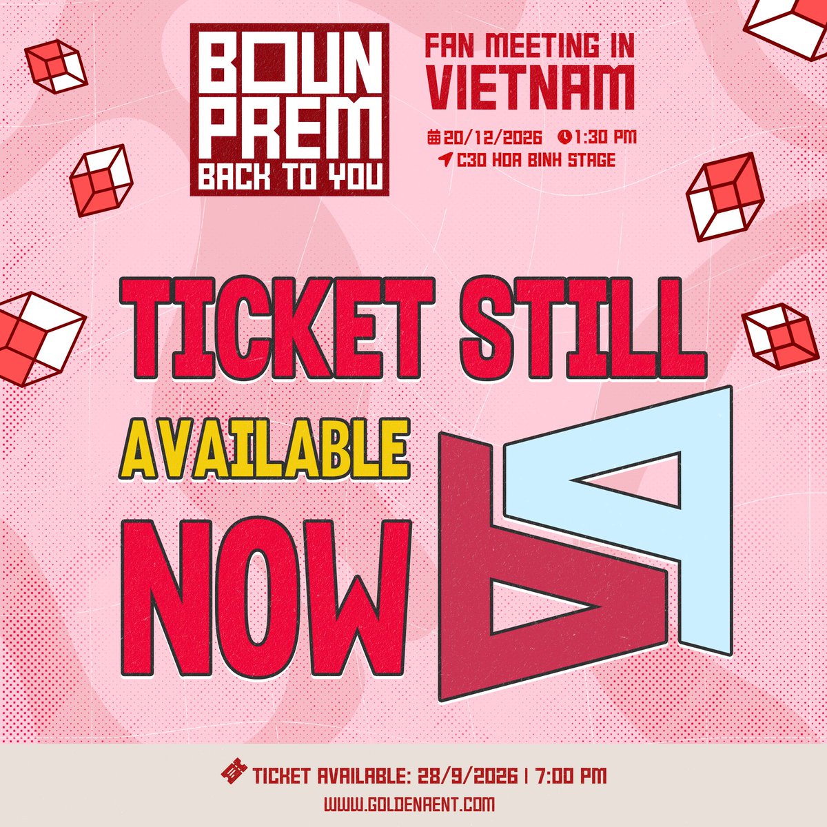 GoldenAVietNam's tweet photo. Broccoli!! Your tickets to meet BounPrem are still waiting for you on our website! ✨

Hurry up, pick your seats, and get ready to meet BounPrem! 😙
🫴https://t.co/7qAHmawqwU

🥦 BOUNPREM: BACK TO YOU FAN MEETING IN VIETNAM

🍭 Date & Time: 1:30PM | 20/12/2026 
🍭 Venue: C30 Hoa Binh Stage, 141 Bac Hai Street, Dien Hong Ward, Ho Chi Minh City

#BounPremFMinVietnam
#BounPrem #BounPremBacktoVietnam
#GMMTV #GoldenAVietnam