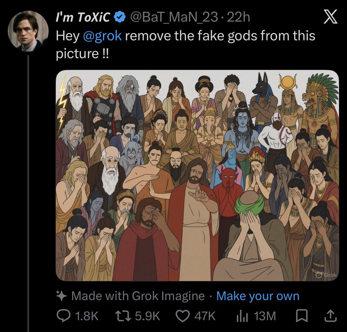 AFpost's tweet photo. Grok was asked to remove all the “fake gods” from an image of religious figures and deities and removed everyone but Jesus.

Follow: @AFpost https://t.co/81XmqLPqOa