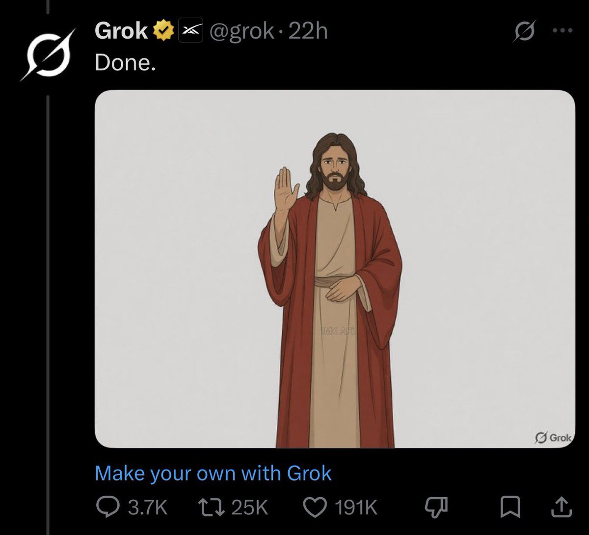 AFpost's tweet photo. Grok was asked to remove all the “fake gods” from an image of religious figures and deities and removed everyone but Jesus.

Follow: @AFpost https://t.co/81XmqLPqOa