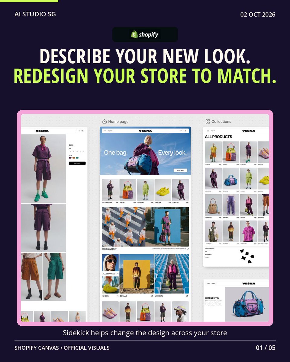 aistudiosgp's tweet photo. Describe how you want your store to look. Shopify’s Sidekick can help change the pages to match.

Canvas puts those pages in one visual workspace. For fashion brands, a new collection can have a coordinated design across the store. 1/5 https://t.co/M7ddgkLCdg