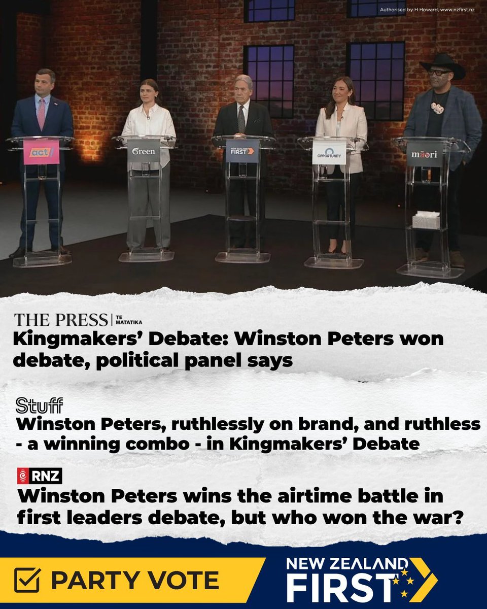 ElliotIkilei's tweet photo. Winston Peters didn’t just turn up to the Kingmakers’ Debate — he owned the room, and the coverage agrees:

Party Vote NZ First. https://t.co/bpx7VLHt7X