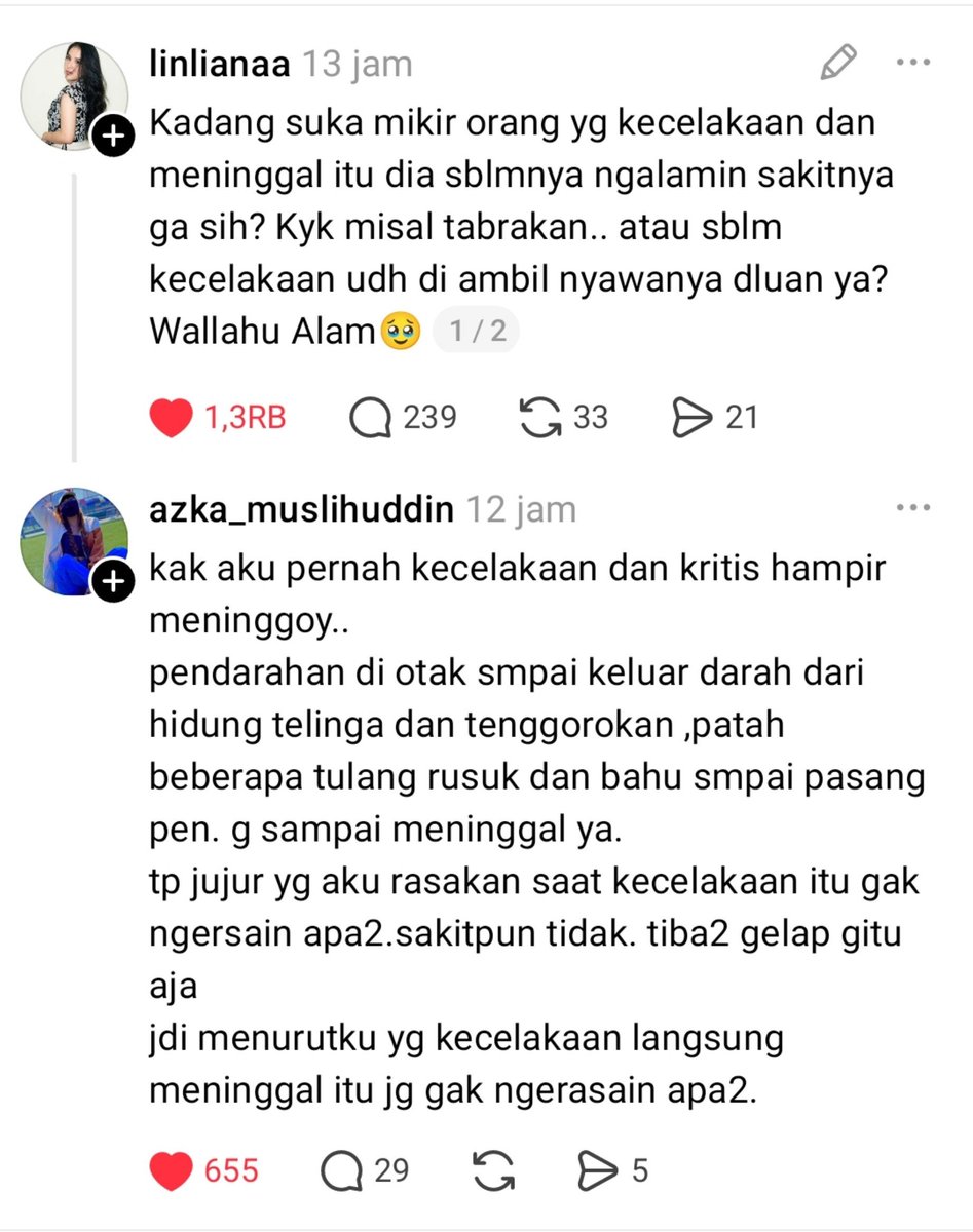 cenblubaik's tweet photo. Ya Allah baru tau, ternyata org yg kecelakaan langsung meninggal itu gak ngerasain apa2, tiba2 gelap 🥹 https://t.co/1Q75AdL7bv