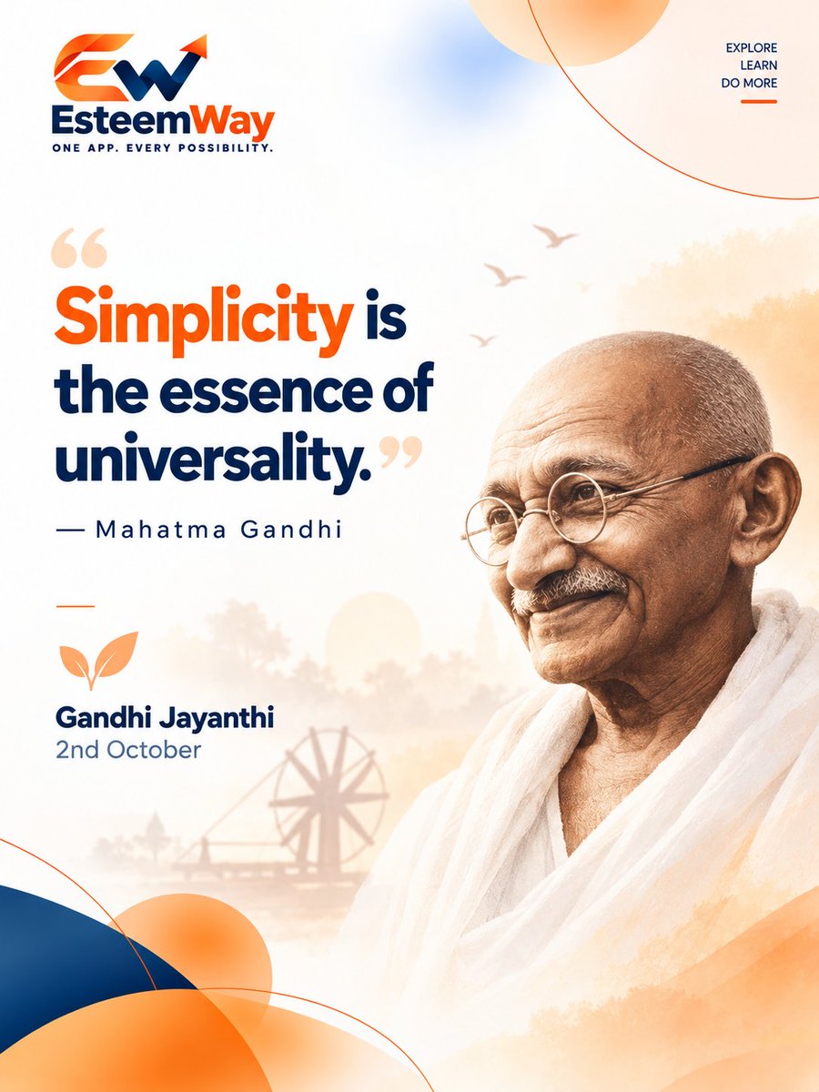 EsteemWay's tweet photo. "Simplicity is the essence of universality." — Mahatma Gandhi

Truth. Simplicity. Service.

In quiet tribute, from EsteemWay.

#GandhiJayanthi #MahatmaGandhi https://t.co/JZb1CuEz9k