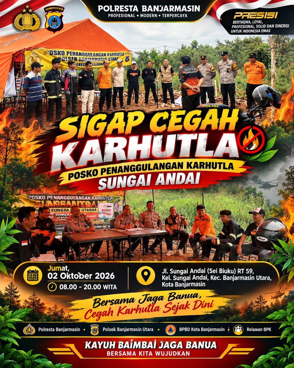 polsekbjmutara's tweet photo. Dalam upaya mengantisipasi dan mencegah terjadinya kebakaran hutan dan lahan (Karhutla), Polresta Banjarmasin melalui Polsek Banjarmasin Utara bersama BPBD Kota Banjarmasin dan para relawan terus memperkuat pengamanan serta kesiapsiagaan di Posko Karhutla Sungai Andai.
#karhutla https://t.co/N9ch5mgP69