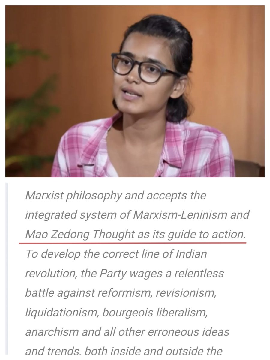 Starboy2079's tweet photo. This is the real reason - Read full post

Neha Bora is member of CPI - ML party
This is from preamble of CPI-ML's own website. Their guide to action is thought of China's Mao

Mao was a murderer and dictator
He hated democracy 

Now a party inspired from Mao's ideology is fighting to save democracy🤣

This is called Deception

People of India stay away from them.
Neha Bora talking about democracy is exactly same like Ravan came in disguise of Sadhu to abduct Sita

Their another role model is Naxalite Charu Mazumder
CPI ML was born from Naxalite movement 

They are not fighting for democracy 
They are fighting to save naxalite movement 

Modi govt has eliminated Naxalism from India
This is the reason that all four communist parties (CPI, CPI M, CPI ML, AAP) have declared all out war against Modi govt