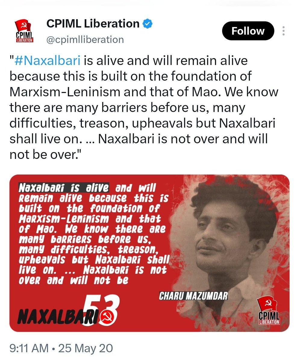 Starboy2079's tweet photo. This is the real reason - Read full post

Neha Bora is member of CPI - ML party
This is from preamble of CPI-ML's own website. Their guide to action is thought of China's Mao

Mao was a murderer and dictator
He hated democracy 

Now a party inspired from Mao's ideology is fighting to save democracy🤣

This is called Deception

People of India stay away from them.
Neha Bora talking about democracy is exactly same like Ravan came in disguise of Sadhu to abduct Sita

Their another role model is Naxalite Charu Mazumder
CPI ML was born from Naxalite movement 

They are not fighting for democracy 
They are fighting to save naxalite movement 

Modi govt has eliminated Naxalism from India
This is the reason that all four communist parties (CPI, CPI M, CPI ML, AAP) have declared all out war against Modi govt