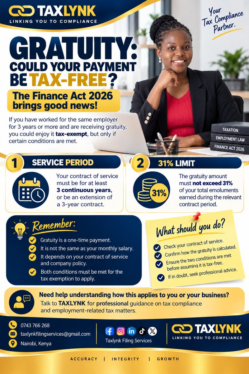 TaxLynkFilingS's tweet photo. HAVE YOU WORKED FOR THE SAME EMPLOYER FOR 3 YEARS OR MORE?

Did you know your gratuity could qualify for a tax exemption under the Finance Act 2026?

But before you celebrate, there are conditions you need to understand. Not every gratuity payment automatically qualifies.
TaxLynk https://t.co/UScO1nlt8A