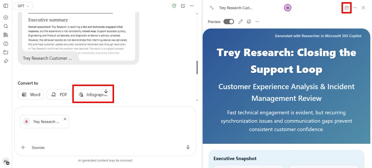 LearnCopilot's tweet photo. After running a task in Copilot's Researcher, try the "Infographic" option. It can take the detailed findings from Researcher and turn it into shareable overview. https://t.co/UFzsihUyov