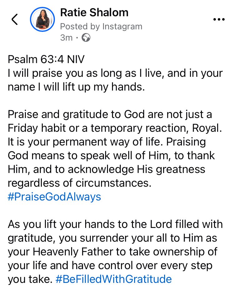 RatieShalom's tweet photo. Psalm 63:4 NIV
I will praise you as long as I live, and in your name I will lift up my hands.

It's Gratitude Friday Royal!

#AnInspirationForYou #WithRatieShalom #FridayInspiration #DailyInspirations #GratitudeMood #GratitudeFriday #PraiseTheLordAsLongAsYouLive https://t.co/AVTLMKtUpS