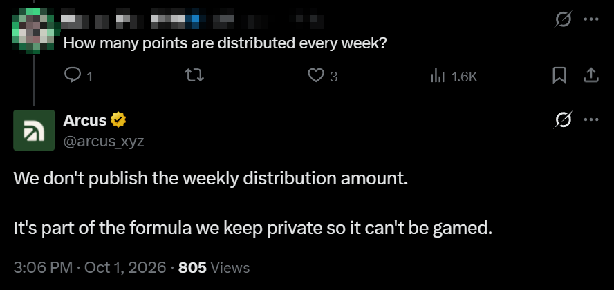 OG_Branxi's tweet photo. is Arcus just gaslighting us with this points program?

> they ended Season 0 and showed ranks, not points
> same day they started Season 1, and the docs said weekly points weren't fixed and could go up with activity
> CT made noise, they rewrote the text and said it's fixed
> then the same day they said they won't show the weekly number because it's a secret

so what changed?
they can change the number anytime and nobody will know

was this the plan all along, and all those doc edits were just an attempt to blow smoke in our faces?