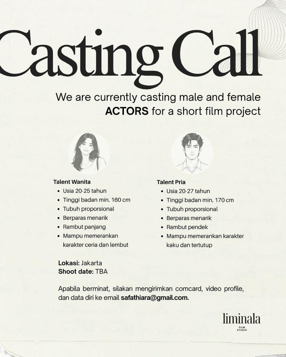 lem0nara's tweet photo. HELP RT

Aku lagi open casting project short movie untuk 1 peran cowok dan 1 peran cewek. Kriterianya bisa lihat di poster ya temen-temen. 

Syutingnya di Jakarta, tanggalnya masih TBA. Oiya, ini paid yaa☺️ https://t.co/61lflA9yv0