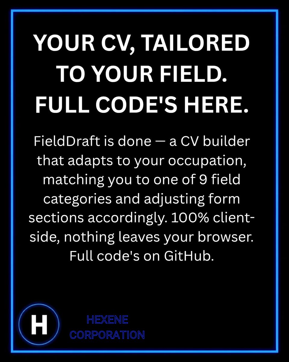 hexenecorporate's tweet photo. t's live 📄 FieldDraft — a CV builder that actually adapts to your job field, not a generic template. Full code's on GitHub — link below https://t.co/3RP6Eze1cf 👀 What's the most annoying part of building a CV for you? #buildinpublic #webdev #javascript #careertips https://t.co/ZXOMCpI70a