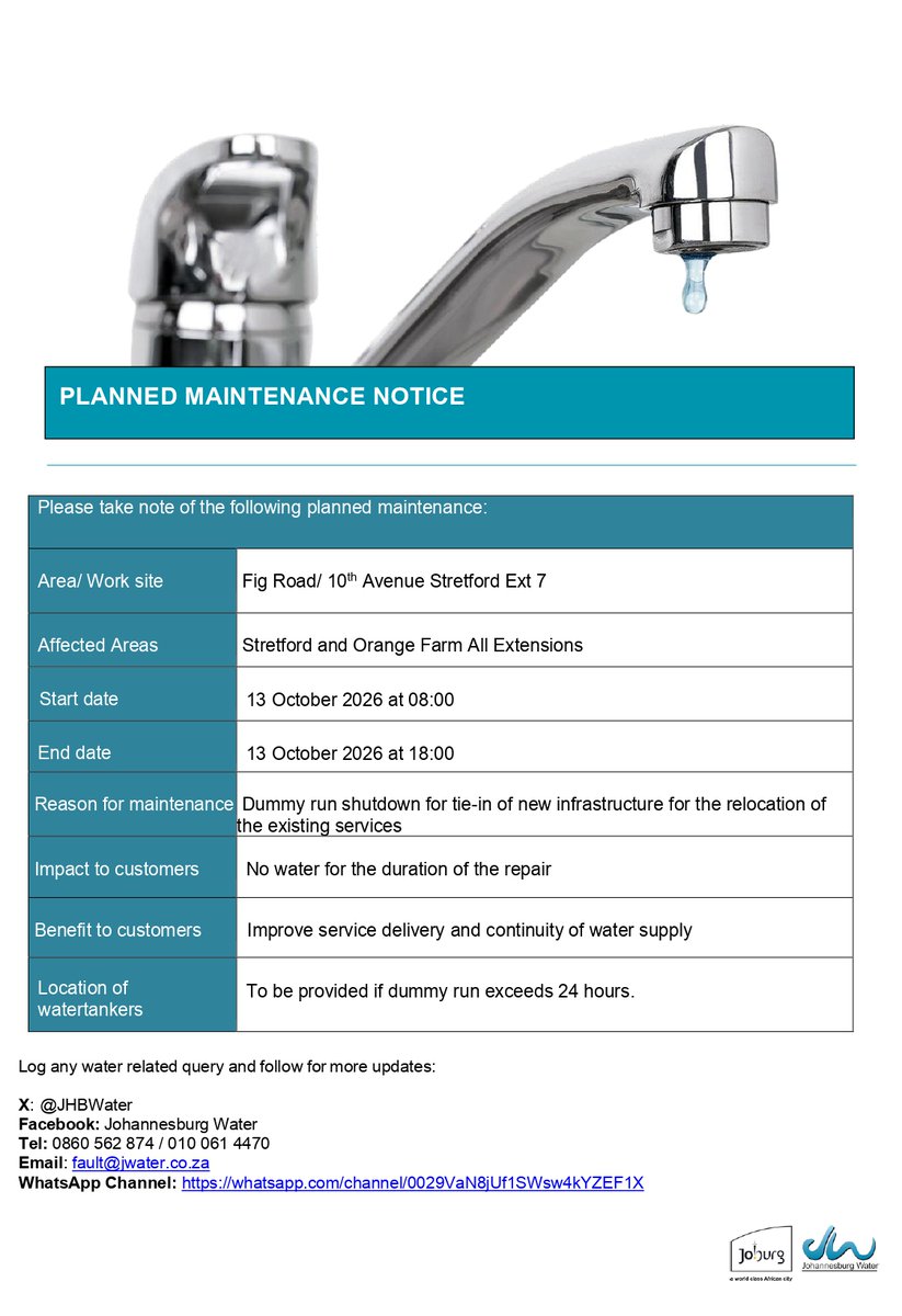 Official Johannesburg Water notice
