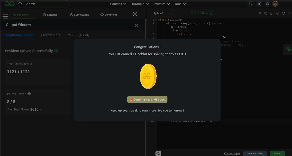 akashasahu07's tweet photo. Day - 683
Lexicographically Smallest Rotation Problem
Solved today’s POTD ✅
Found the lexicographically smallest string among all possible left rotations 🔄🔤
#GeeksforGeeks #POTD #DSA #1000DaysOfCode #CodingJourney https://t.co/nkKGTMeyxW