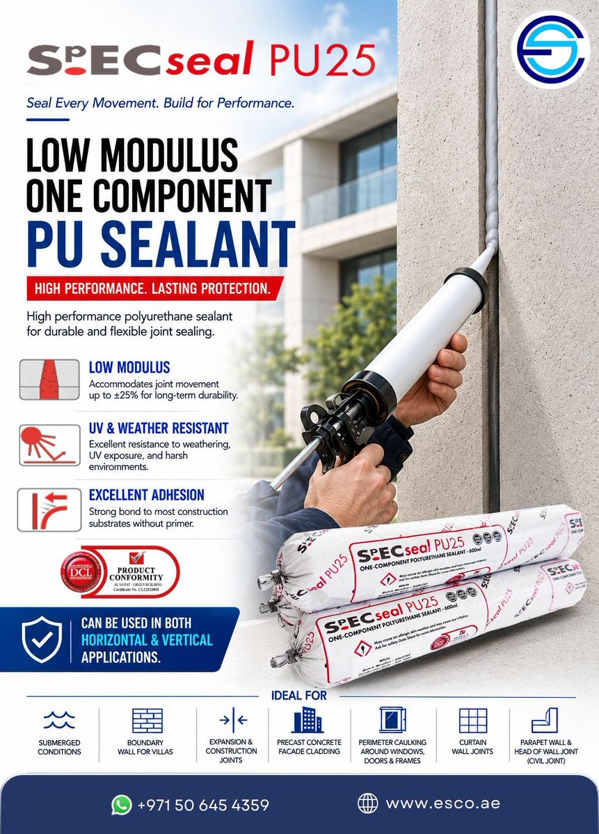 esco_spec's tweet photo. Construction joints move. SpECseal PU25 keeps up with 25% movement capability, strong adhesion and lasting flexibility for reliable #jointsealing.
Discuss your joint-sealing requirements with ESCO.
WhatsApp: (050 645 4359)
Website: https://t.co/AChWjsA6mH
#PolyurethaneSealant https://t.co/h6ZZDfPBdb