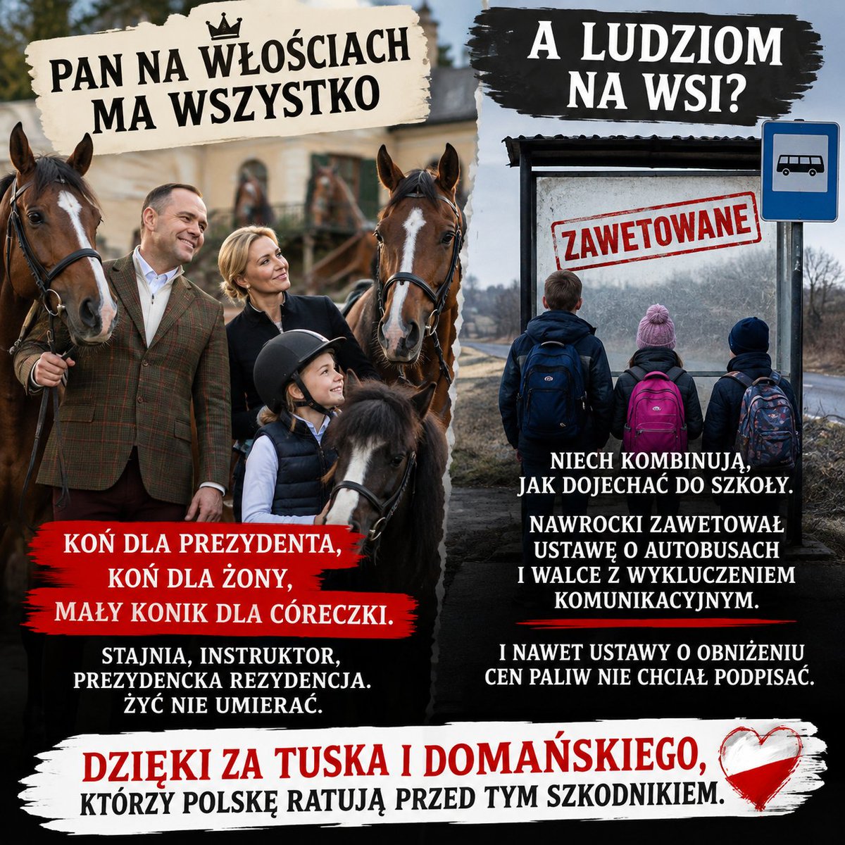 OMauschD's tweet photo. Pan na włościach. 🐎
Koń dla pana prezydenta, koń dla żony, konik dla córeczki. Instruktor, stajnia, prezydencka rezydencja. Żyć nie umierać.
A dzieci na wsi? Niech kombinują, jak dojechać do szkoły. Mieszkańcy małych miejscowości? Autobus  najwyraźniej jest luksusem - ustawę dotyczącą walki z wykluczeniem komunikacyjnym można było zawetować.
Najwyraźniej z perspektywy siodła problemy zwykłych ludzi wyglądają na znacznie mniejsze. 🐎