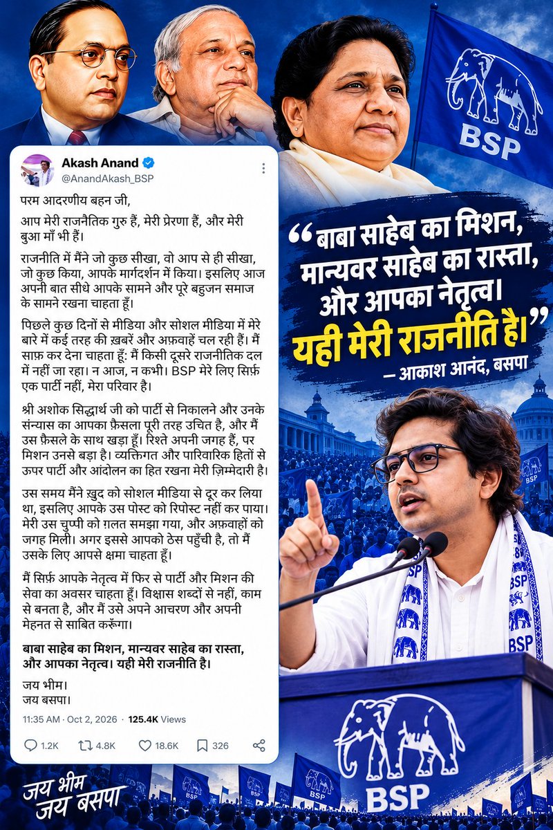 Sachinkr_2211's tweet photo. “ साथियों....जयभीम  🩵 
आज यहां मौजूद मेरी सभी माताएं– बहनें ‚ मेरे बड़े–बुजुर्ग और इनके साथ मेरे युवा साथी....
............................................................
............................................................

बहुजन समाज में  समय–समय जन्मे सभी महान संतों‚गुरुओं और महापुरुषों में से खासकर महात्मा ज्योतिबाफूले जी ‚ छत्रपति शाहूजी महाराज जी‚ नारायणा गुरुजी व बाबासाहेब डॉक्टर भीमराव अंबेडकर जी एवं बीएसपी  के संस्थापक मान्यवर श्री कांशीराम साहब जी को नमन करता हूं। साथ ही मैं बहुजन समाज पार्टी की राष्ट्रीय अध्यक्ष व उत्तर प्रदेश की चार–चार बार रही मुख्यमंत्री एवं पूर्व सा���सद‚ आदरणीय ‘बहनजी’ के नाम से लोकप्रिय बहन कुमारी मायावती जी को पूरे तह दिल से आभार प्रकट करता हूं ।
साथियों जिन्होंने अपनी पूरी जिंदगी बहुजन समाज पार्टी के जन्मदाता एवं संस्थापक मान्यवर श्री कांशीराम साहब जी के बताए हुए रास्ते पर चलकर ‚ परमपूज्य बाबासाहेब भीमराव अंबेडकर जी के मानवतावादी एवं आत्मसम्मान व स्वाभिमान के मूवमेंट को अपने अत्यथक आजीवन त्याग‚ तपस्या व घढ़े संघर्ष से एक नई राजीतिक ऊर्जा‚ शक्ति व नई पहचान दी है  तथा उत्तर प्रदेश जैसे विशाल व महत्पूर्ण राज्य में चार बार अपनी ���ार्टी की‚ बीएसपी के नेतृत्व में सरकार बनाकर खासकर बहुजन समाज के लिए एक ऐसी मिशाल बन चुकी हैं जिससे प्रेरणा लेकर करोड़ों लोग यहां सामाजिक परिवर्तन व आर्थिक तरक्की के मिशनरी कार्य से जुड़ चुके हैं इतना ही नहीं बल्कि मैं खुद भी‚उनके इस नेतृत्व से प्रभावित होकर‚ बीएसपी मूवमेंट से जुड़ा हूं और उनके पदचिन्हों पर चलकर इस मिशनरी दायित्व व कर्तव्य को अपनी आखिरी सांस तक निभाने की पूरी–पूरी कोशिश ���रता रहूंगा ।।

साथियों ...जैसा कि आप सबको.......”

उम्मीद है ये लाइनें हमको बहुत जल्दी सुनने को मिलेंगी ।। 😊

जयभीम 🩵 जय बीएसपी 

@Mayawati जी
@AnandAkash_BSP जी