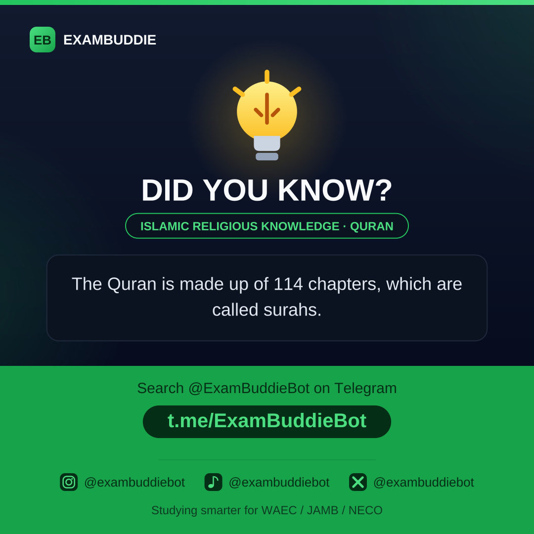 ExamBuddieBot's tweet photo. Did you know that?
#WAEC #JAMB #NECO
#DIDYOUKNOW
#NAIJASTUDENTS
https://t.co/853bgol7Bl to get started https://t.co/yX0Q1H9ALQ