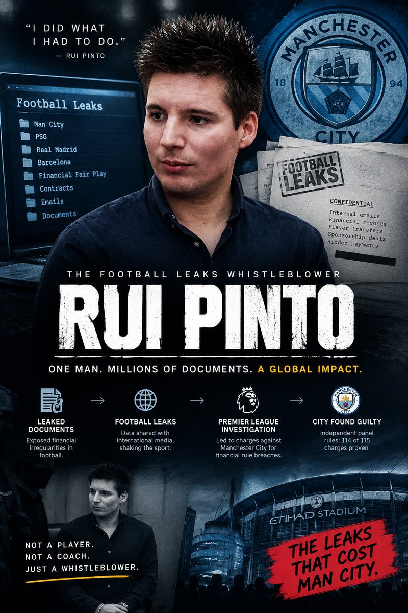 stats_meter's tweet photo. 🚨 THE MAN WHO EXPOSED MAN CITY.

Rui Pinto’s Football Leaks disclosures helped trigger the chain of events that led to Manchester City facing the Premier League’s financial-rule case.
Now City have been found guilty of 114 of 115 charges by an independent panel. https://t.co/SFeo3PwIur