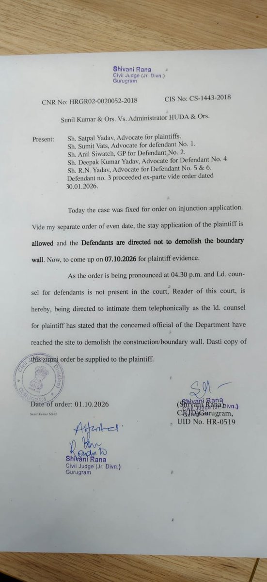 imanupdbest's tweet photo. This is nothing short of a blatant display of HSVP’s high-handedness. When a matter is before the court and a judicial stay order is in force, how can HSVP proceed with demolishing society wall? Is HSVP above the law and judicial authority? @HsvpHaryana @cmohry @DC_Gurugram https://t.co/d6CWGlMeVW