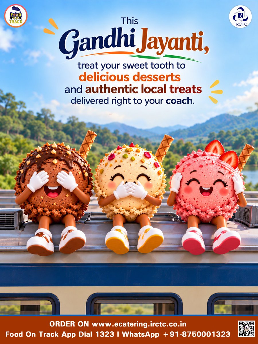 eCateringIRCTC's tweet photo. Wishing everyone a peaceful and joyful Gandhi Jayanti!

Skip the frantic platform dash and turn your window seat into a private diner. Savor certified, fresh local specialties brought straight to your coach. Smooth journeys always begin with good food.

Smooth routes, better bites.

🌐 https://t.co/sj0NT7G2Cn
📲 Install #FoodOnTrack app
📞 Call 1323
📱 WhatsApp +91-875000132