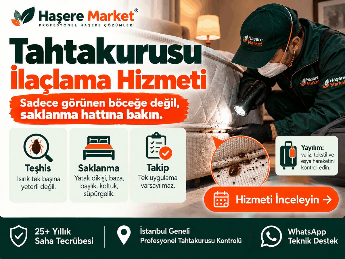 haseremarket's tweet photo. 🪳 TAHTAKURUSU GECE ISIRIYOR DİYE HEMEN İLAÇLAMAYA BAŞLAMAYIN!

Önce gerçekten tahtakurusu olduğundan emin olun.

🔎 Canlı böcek veya siyah dışkı izi var mı?
🛏️ Yatak dikişi, baza ve başlık kontrol edildi mi?
🛋️ Koltuk ve süpürgeliklere yayılmış mı?
🧳 Valiz, kıyafet veya eşya ile başka odaya taşınmış olabilir mi?
🔁 “İlaçladım ama yine çıktı” mı?

Tahtakurusunda görünen birkaç böceği öldürmek başka, saklanma ve yayılma hattını kontrol etmek başka iştir.

🎯 Profesyonel kontrolde teşhis, hazırlık, hedefli uygulama ve takip birlikte planlanır.

📍 İstanbul Geneli Profesyonel Tahtakurusu İlaçlama
🛡️ 25+ yıllık saha tecrübesi

👉 Hizmeti inceleyin:
https://t.co/ISQdqHAvdB

#Tahtakurusu #Tahtakurusuİlaçlama #HaşereMarket

Google'da Haşere Market
https://t.co/8b45q0Gdzt