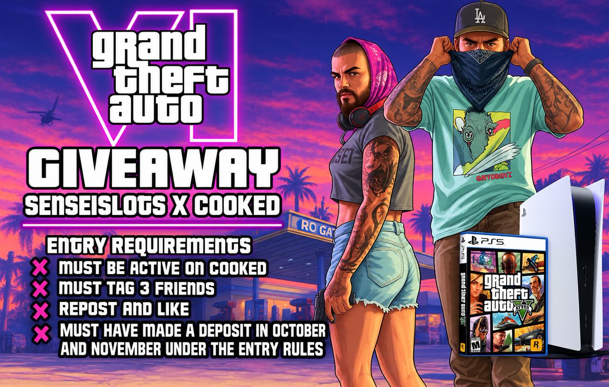 SENSEISLOTS's tweet photo. 🔥🎮 GTA 6 + PS5 GIVEAWAY! 🎮🔥

🚨 ONE LUCKY WINNER! 🚨

🏆 DRAWN IN DECEMBER!
GTA 6 is coming… and you DO NOT want to be the one sitting on the sidelines while everyone else is playing! 😮‍💨🔥

Want a chance to get your hands on a PS5 + GTA 6? 👀

🎟️ HOW TO ENTER

✅ MUST BE ACTIVE ON COOKED
✅ MUST HAVE MADE A DEPOSIT IN OCT AND NOV
👥 TAG 3 FRIENDS
❤️ LIKE & REPOST

That’s it. Get involved, get active and get your name in the draw! 🔥

🎮 ONE WINNER. ONE PS5. ONE COPY OF GTA 6.
DON’T GET LEFT BEHIND WHEN LOS SANTOS OPENS ITS DOORS. 🌴🚘💰

IF YOU HAVEN'T SIGNED UP HEAD TO 
https://t.co/jqB3dI69L9

Good luck, legends! 🥷🔥