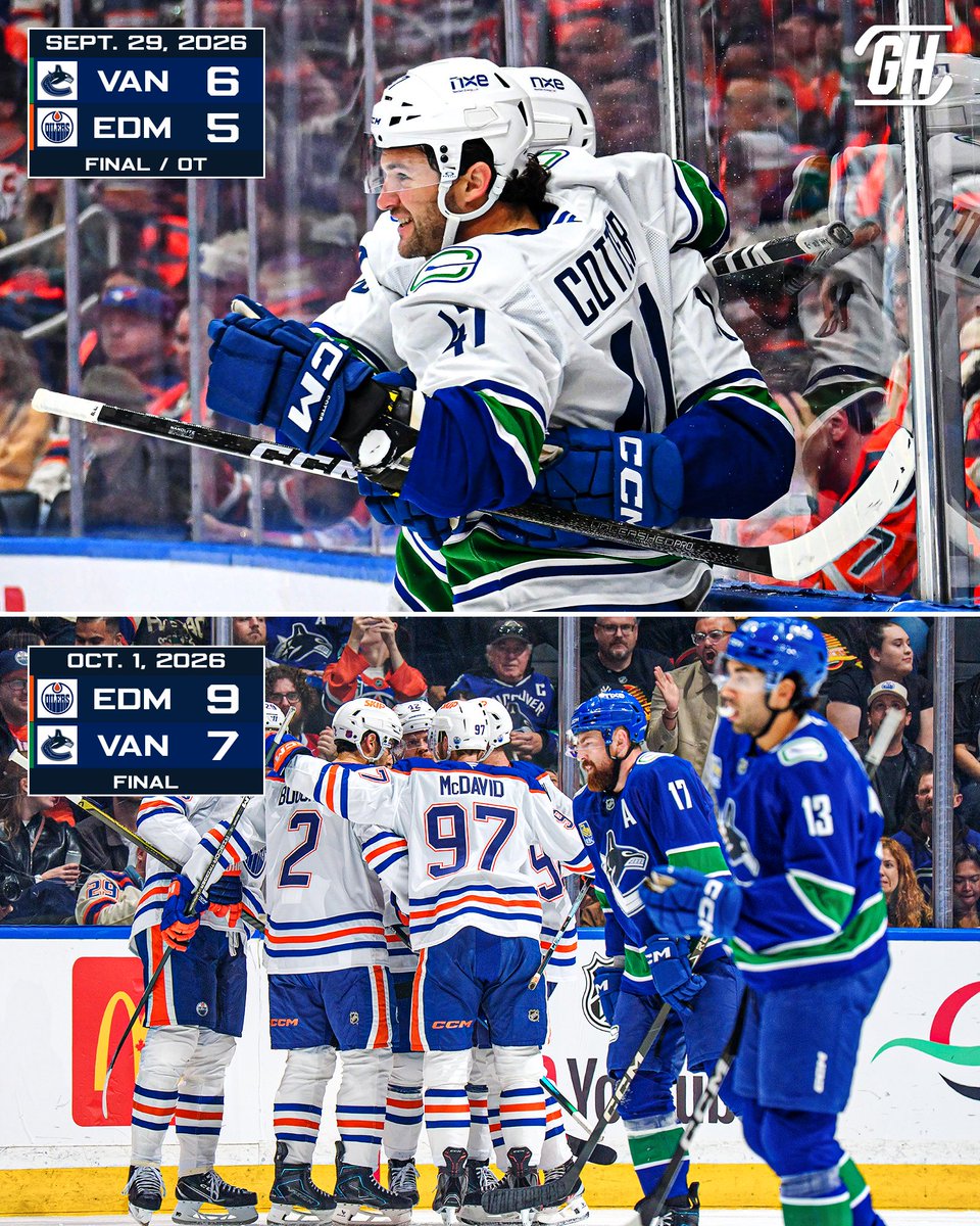 GinoHard_'s tweet photo. The Oilers and Canucks opened the season with an absolutely UNHINGED home-and-home 😵‍💫

27 goals across two games. Hockey is BACK. https://t.co/rOEABi0ibb