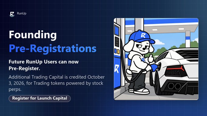 RannnAppEco's tweet photo. @runupdotfun RunUp Founding Pre-Registration is open.

New users can sign up for extra trading capital for stock-perp tokens, credited October 3, 2026.

Register for launch capital ↓
https://t.co/TF1SGQLepG https://t.co/Jgs6i93gBb