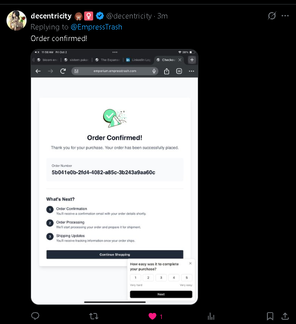 EmpressTrash's tweet photo. And just like that I made my first tshirt merch sale <3 

Good ideas can be brought to fruition so fast with AI to make things in the moment for people <3 

Thank you so much @decentricity this really made my evening/week🖤🖤🖤 https://t.co/6KV10Aw1Il