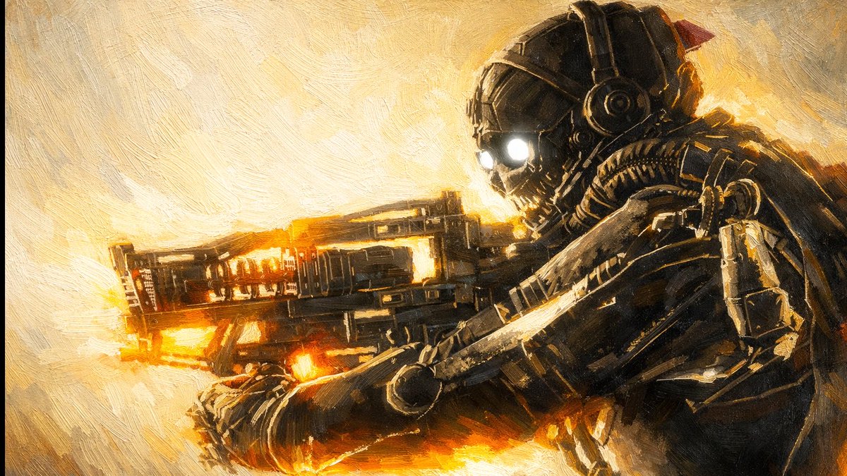 A digital painting depicts a menacing, armored cyborg or robot soldier with glowing white eyes, firing a large, heavy weapon in a gritty, textured style.