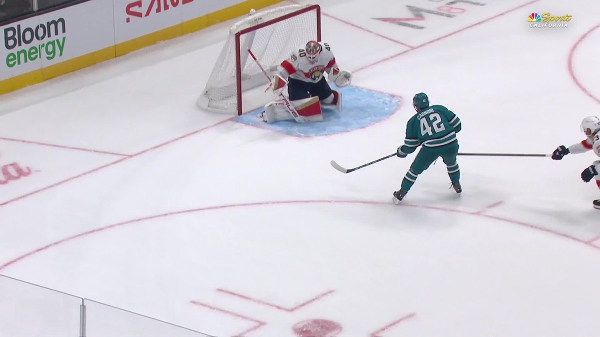 An NHL hockey game broadcast on NBC Sports California shows player #42 (Gaudreau) in a teal jersey approaching the goal, with the goaltender in a white Florida Panthers uniform defending.