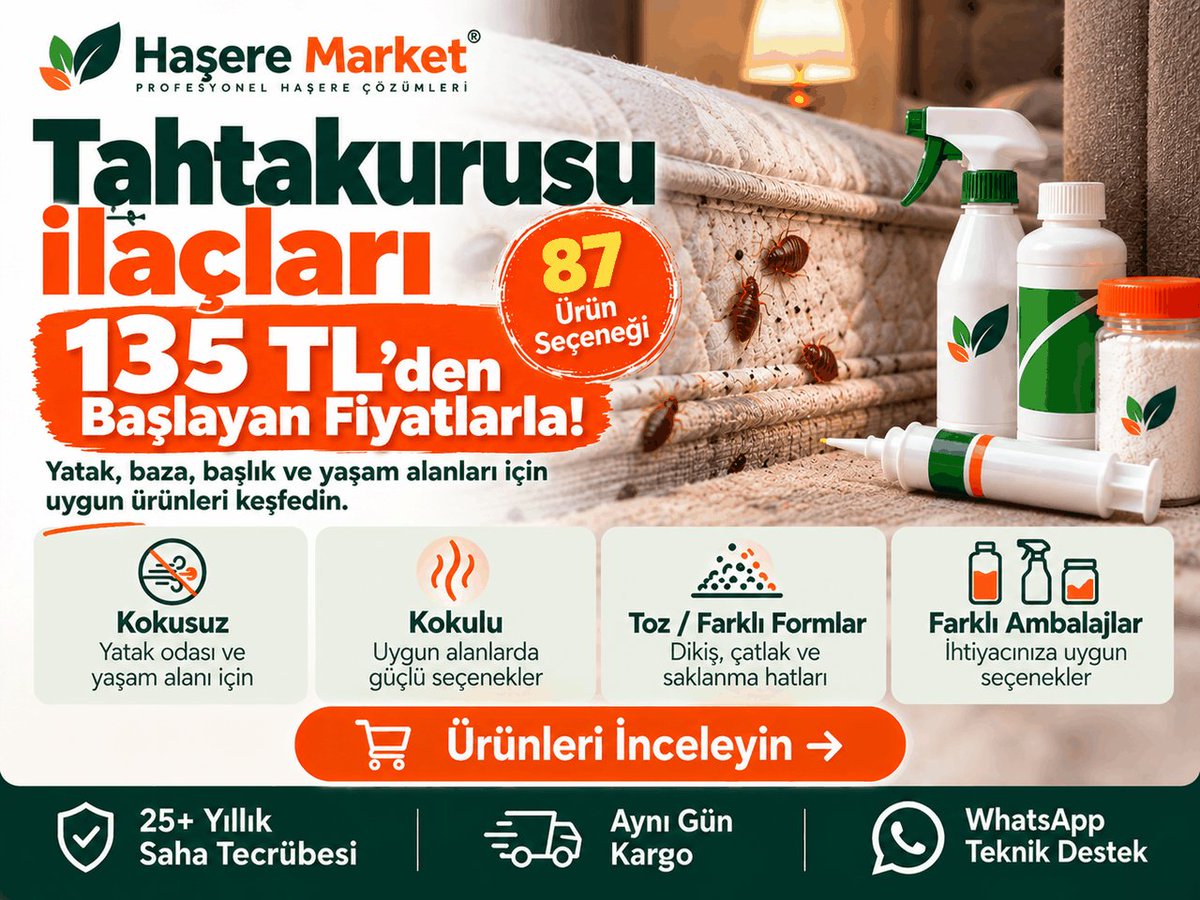 haseremarket's tweet photo. 🪳 TAHTAKURUSUNA KARŞI 135 TL’DEN BAŞLAYAN ÜRÜN SEÇENEKLERİ!

“En etkili tahtakurusu ilacı hangisi?”
“Kokusuz mu, kokulu mu?”
“Yatak ve bazada hangi ürün kullanılmalı?”
“İlaçladım ama neden tekrar çıktı?”

Tahtakurusu mücadelesinde yalnız güçlü ürün aramak yetmez.

🔎 Yatak dikişleri
🛏️ Baza ve başlık birleşimleri
🛋️ Koltuk ve süpürgelikler
🚪 Çatlak ve saklanma boşlukları

gibi gerçek hareket ve saklanma hatlarına göre ürün seçmek gerekir.

🌿 Kokusuz
🔥 Kokulu
🧴 Farklı form ve ambalaj seçenekleri
🛒 87 ürün
💰 135 TL’den başlayan fiyatlar
📦 Aynı gün kargo
💬 WhatsApp teknik destek

🎯 Ürünü değil, mücadele planını doğru kurun.

👉 Ürünleri inceleyin:
https://t.co/NLm5rVoXJz

#Tahtakurusu #Tahtakurusuİlacı #HaşereMarket

Google'da Haşere Market
https://t.co/SvtkwtSCJl