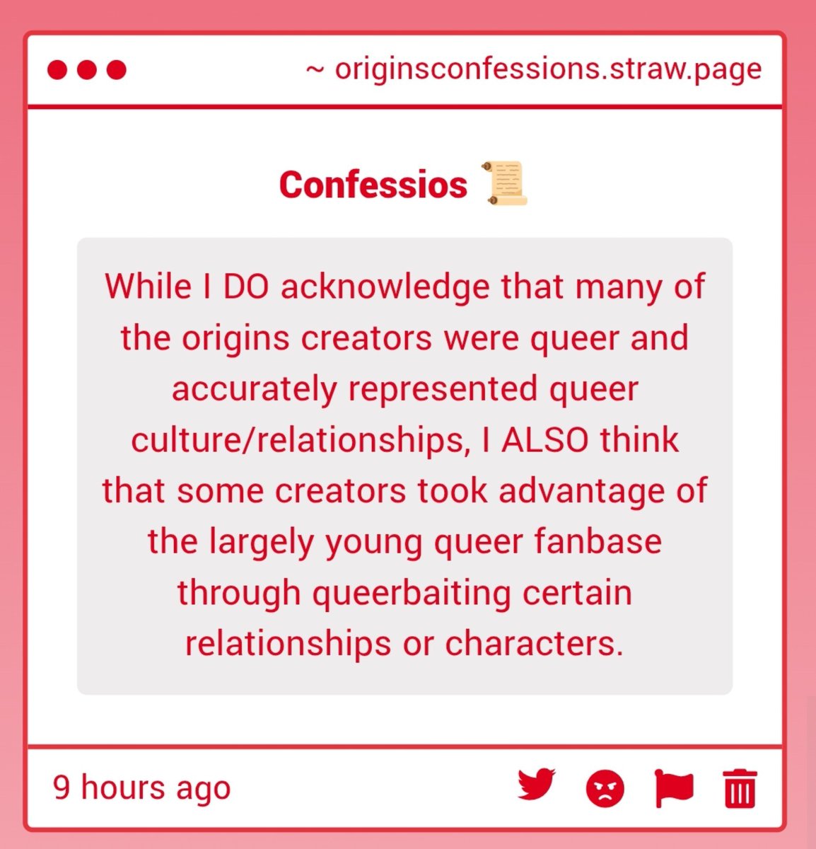 originconfessio's tweet photo. ☘️| "While I DO acknowledge that many of the origins creators were queer and accurately represented queer culture/relationships, I ALSO think that some creators took advantage of the largely young queer fanbase through queerbaiting certain relationships or characters." -Anon https://t.co/qB43iqk1GQ