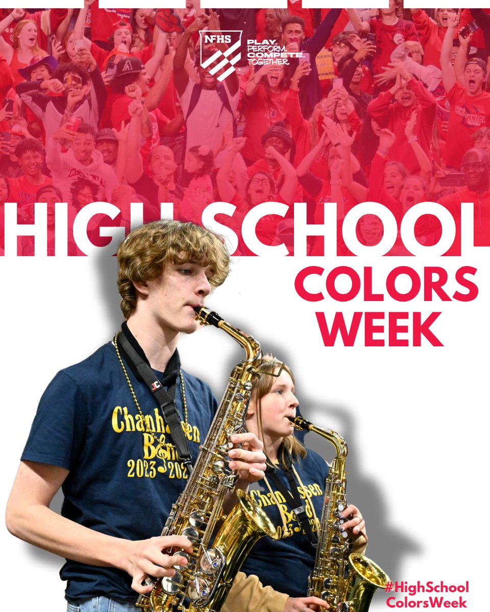 NFHS_Org's tweet photo. School spirit is about more than wearing the colors – it’s about cheering each other on, celebrating the good moments and sticking together through the tough ones. 
💪🏻
That’s what being a true fan is all about. Tag your high school and let us know where your school spirit lives! 

 #HighSchoolColorsWeek