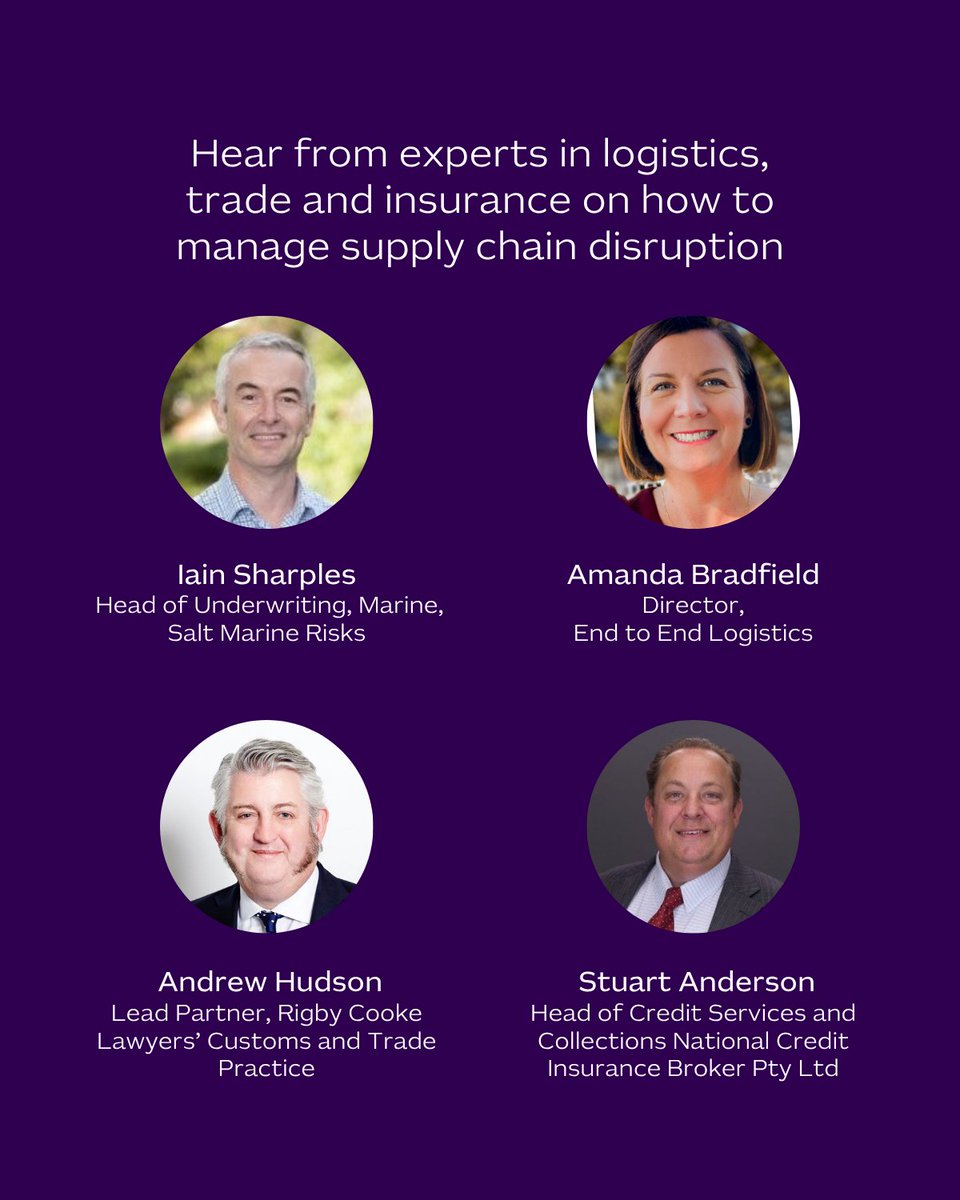 Austrade's tweet photo. Supply chain disruption isn't going away. ⚓ 

Join Austrade's free webinar to learn how exporters can manage risk and navigate insurance challenges in a volatile trade environment. 

📅 13 Oct 2026
🕚 11:00am AEDT 

🔗 Register here: https://t.co/CCyd1Rzsio  

#GGT #TRS https://t.co/j8NotLYLVo