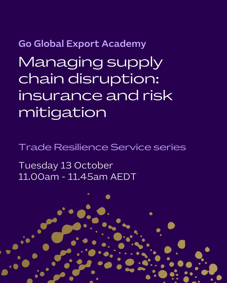 Austrade's tweet photo. Supply chain disruption isn't going away. ⚓ 

Join Austrade's free webinar to learn how exporters can manage risk and navigate insurance challenges in a volatile trade environment. 

📅 13 Oct 2026
🕚 11:00am AEDT 

🔗 Register here: https://t.co/CCyd1Rzsio  

#GGT #TRS https://t.co/j8NotLYLVo