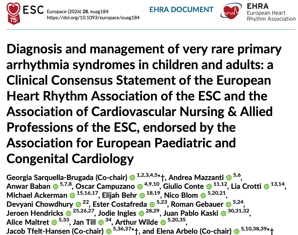 EHRAPresident's tweet photo. #EHRATopicWeek 🧬Why are rare inherited arrhythmia syndromes so challenging?
🔹 Ultra-rare = limited cases&amp;experience
🤝 Collaboration is 🔑 to combining expertise.
Explore rare LQTS, SQTS, CPVT, Andersen–Tawil syndrome&amp;more in the #EHRA_ESC Consensus.
📖 https://t.co/CEl2NV9kCr https://t.co/LtxaPhiAtP