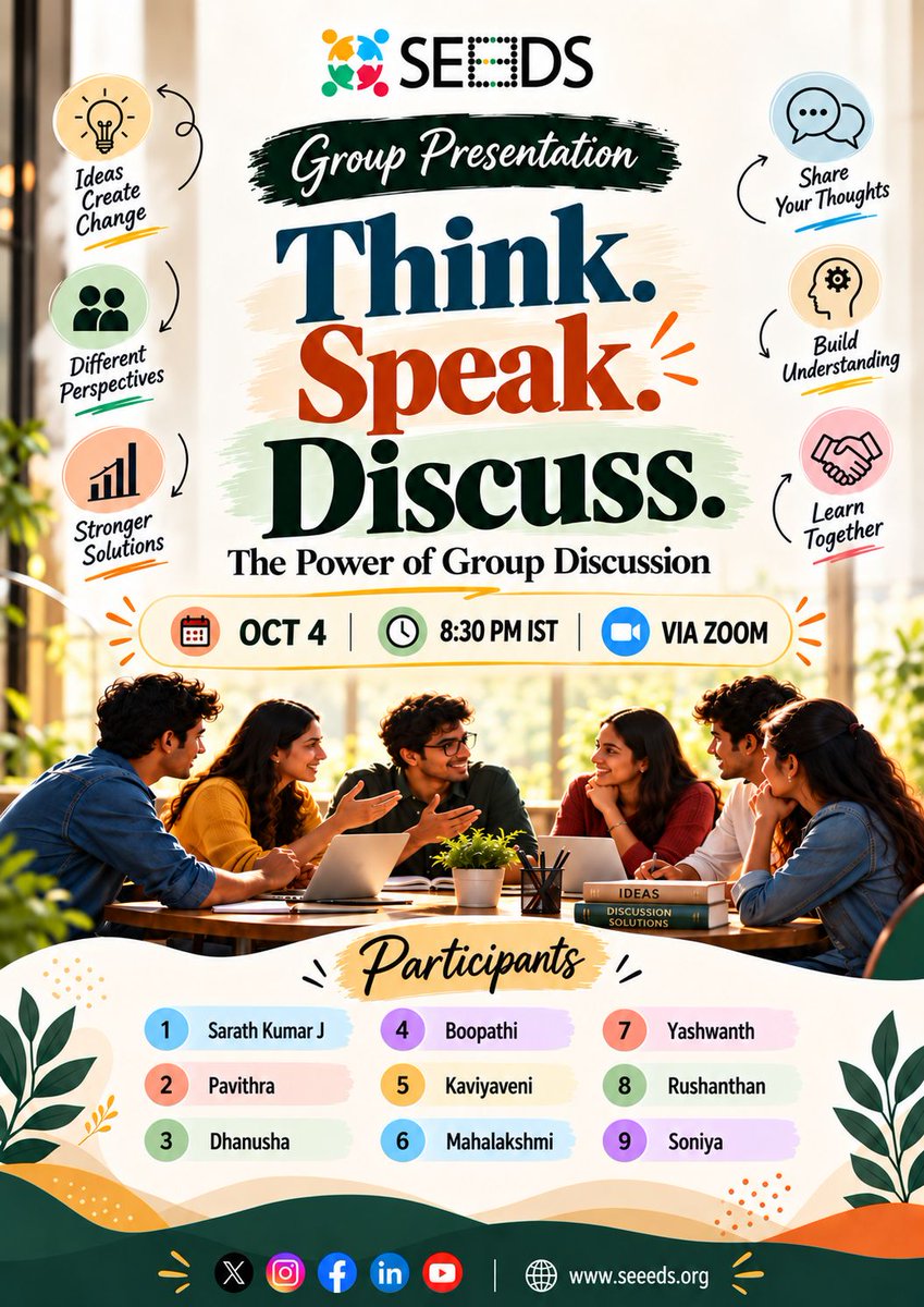 SEEEDSorg's tweet photo. SEEEDS Foundation is organizing a group presentation on “The Power of Group Discussion” on 4 October at 8:30 PM IST via Zoom. 

Donate Now: https://t.co/7s6s79qu0q 

#SEEEDS #SEEEDSFoundation #GroupDiscussion #CommunicationSkills #SEEEDS10Years #Education #StudentEmpowerment https://t.co/HRivnuUZ92