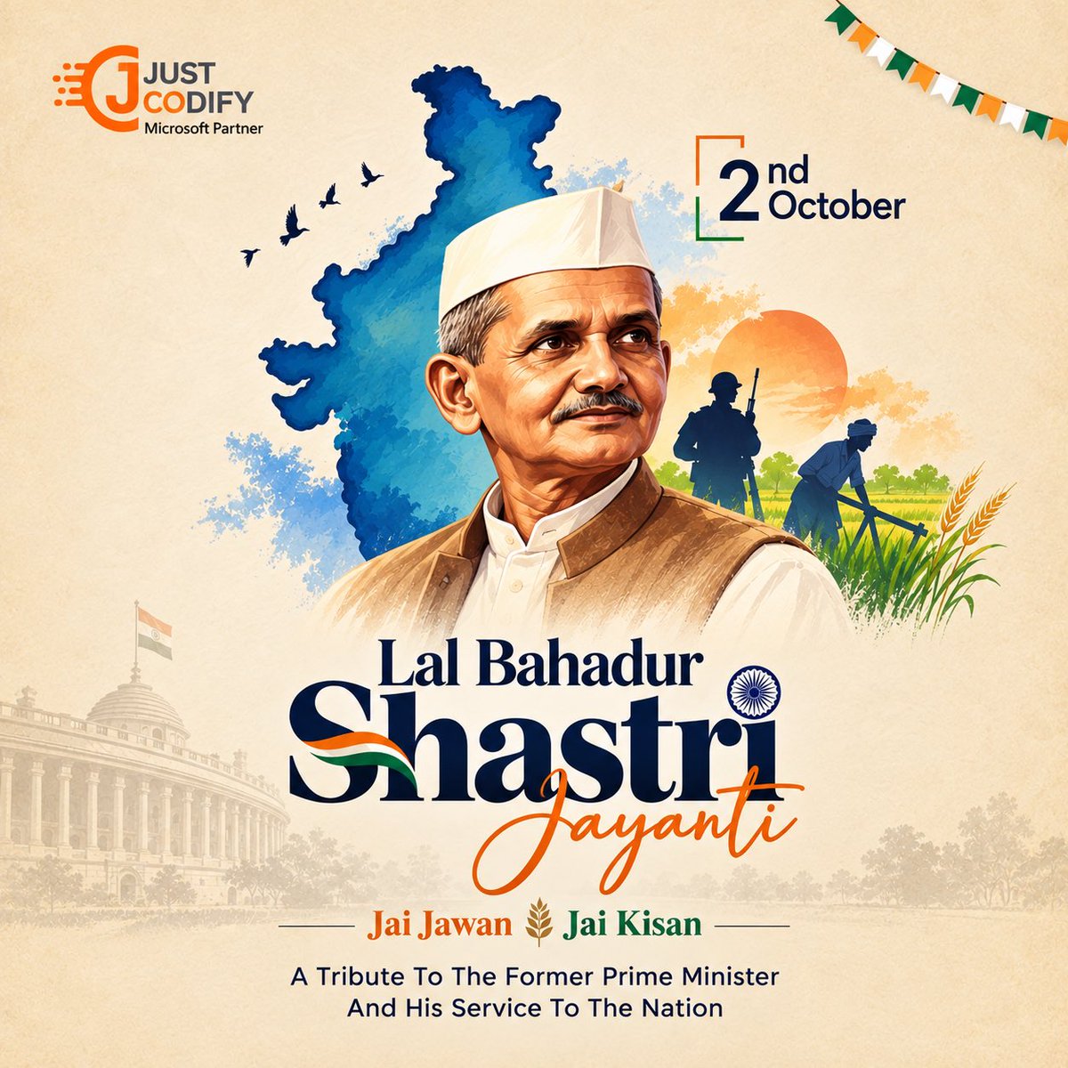 JustCodify's tweet photo. Happy Lal Bahadur Shastri Jayanti! 🇮🇳

Today, we remember Lal Bahadur Shastri, India’s former Prime Minister, whose life reflected humility, integrity, courage, and unwavering dedication to the nation.

#LalBahadurShastri #ShastriJayanti #JaiJawanJaiKisan #Leadership #JustCodify https://t.co/jpOS6cYbFL