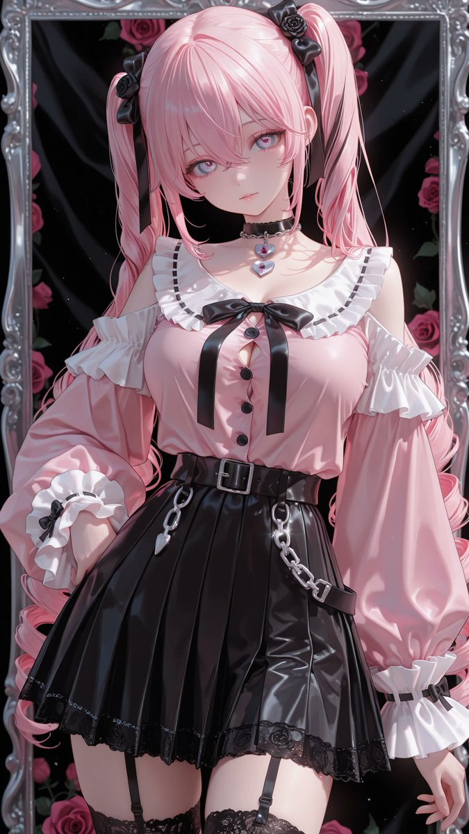 AliceLavli's tweet photo. ピンクと黒のツートンのゴシックロリータ風コーデの衣装プロンプトをどうぞ✨
Two piece outfit with clearly separate garments in vivid rose pink and black. Bright rose pink off shoulder blouse forms the entire upper garment, with wide gathered neckline, layered ruffles across the chest, fitted button front, and long voluminous puff sleeves gathered into ruffled cuffs. Small black buttons and slim black ribbon trim accent the pink fabric, with prominent black bow centered at the neckline. Black shoulder straps sit above the blouse. Separate glossy black mini skirt begins at the waist, with crisp pleats, flared layered panels, and black ruffle hem. Wide black belt has two rectangular silver buckles, metal eyelets, and short silver chains hanging from one hip. Sheer smoky black thigh high stockings have floral lace tops and delicate garter straps. Add black heart choker and small black hair bows. Keep blouse and sleeves entirely rose pink, skirt and belt entirely black, with the boundary between top and skirt clearly visible