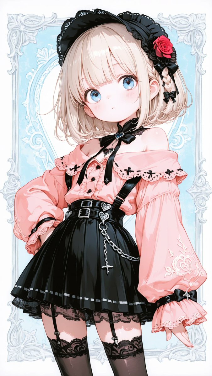 AliceLavli's tweet photo. ピンクと黒のツートンのゴシックロリータ風コーデの衣装プロンプトをどうぞ✨
Two piece outfit with clearly separate garments in vivid rose pink and black. Bright rose pink off shoulder blouse forms the entire upper garment, with wide gathered neckline, layered ruffles across the chest, fitted button front, and long voluminous puff sleeves gathered into ruffled cuffs. Small black buttons and slim black ribbon trim accent the pink fabric, with prominent black bow centered at the neckline. Black shoulder straps sit above the blouse. Separate glossy black mini skirt begins at the waist, with crisp pleats, flared layered panels, and black ruffle hem. Wide black belt has two rectangular silver buckles, metal eyelets, and short silver chains hanging from one hip. Sheer smoky black thigh high stockings have floral lace tops and delicate garter straps. Add black heart choker and small black hair bows. Keep blouse and sleeves entirely rose pink, skirt and belt entirely black, with the boundary between top and skirt clearly visible