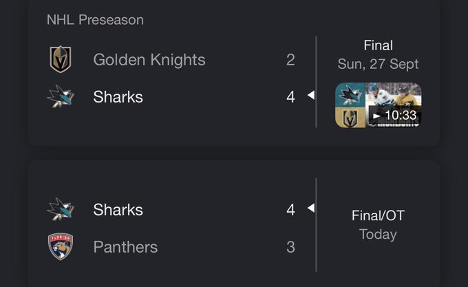 A dark-themed sports scoreboard shows NHL Preseason results, with the Sharks defeating the Golden Knights 4-2 on Sun, 27 Sept, and then edging the Panthers 4-3 in Final/OT today. The back-to-back Sharks victories align perfectly with the caption's claim that "evil has been defeated back to back."