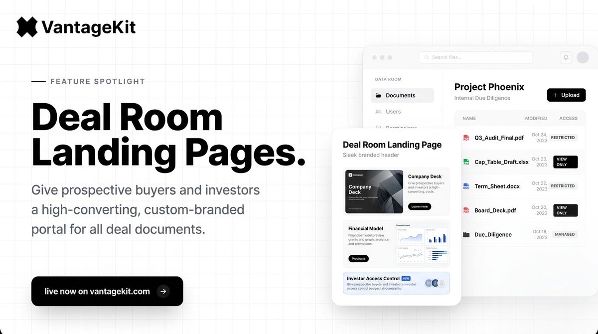 VantageKit's tweet photo. First impressions set the tone for your entire round.

Sending investors raw links makes your deal feel transactional.

VantageKit Deal Room Landing Pages give founders a custom-branded portal to present decks, models &amp; diligence files seamlessly.

Scale. https://t.co/er3YaYTHF0 https://t.co/RYrG3Rqthy