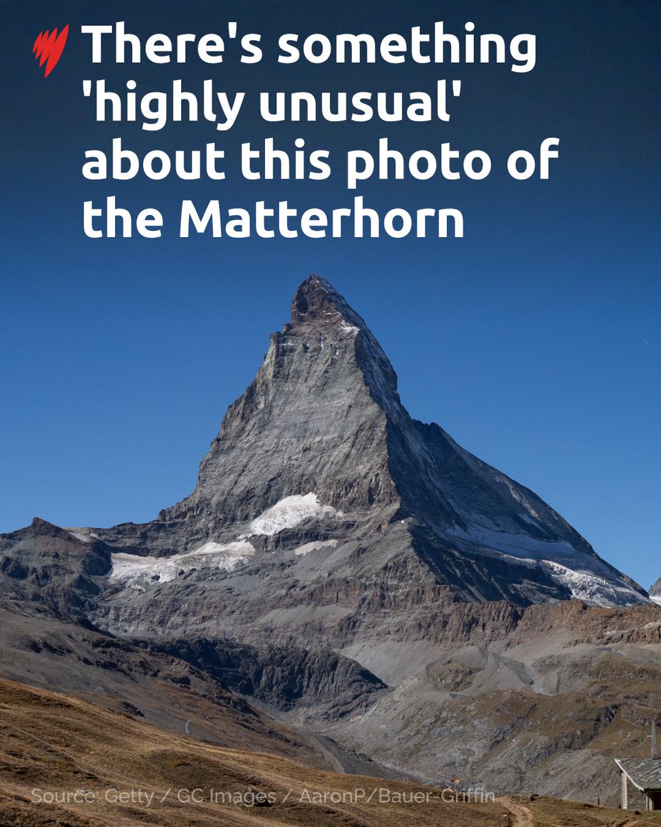 SBSNews's tweet photo. Can you spot what is wrong with this photo of the Matterhorn? The mountain, located in the Alps between Switzerland and Italy, has lost nearly all of its snow cover as of late September.

Find out more on this story: https://t.co/VTLSehT99k https://t.co/mhuJu5dxNw