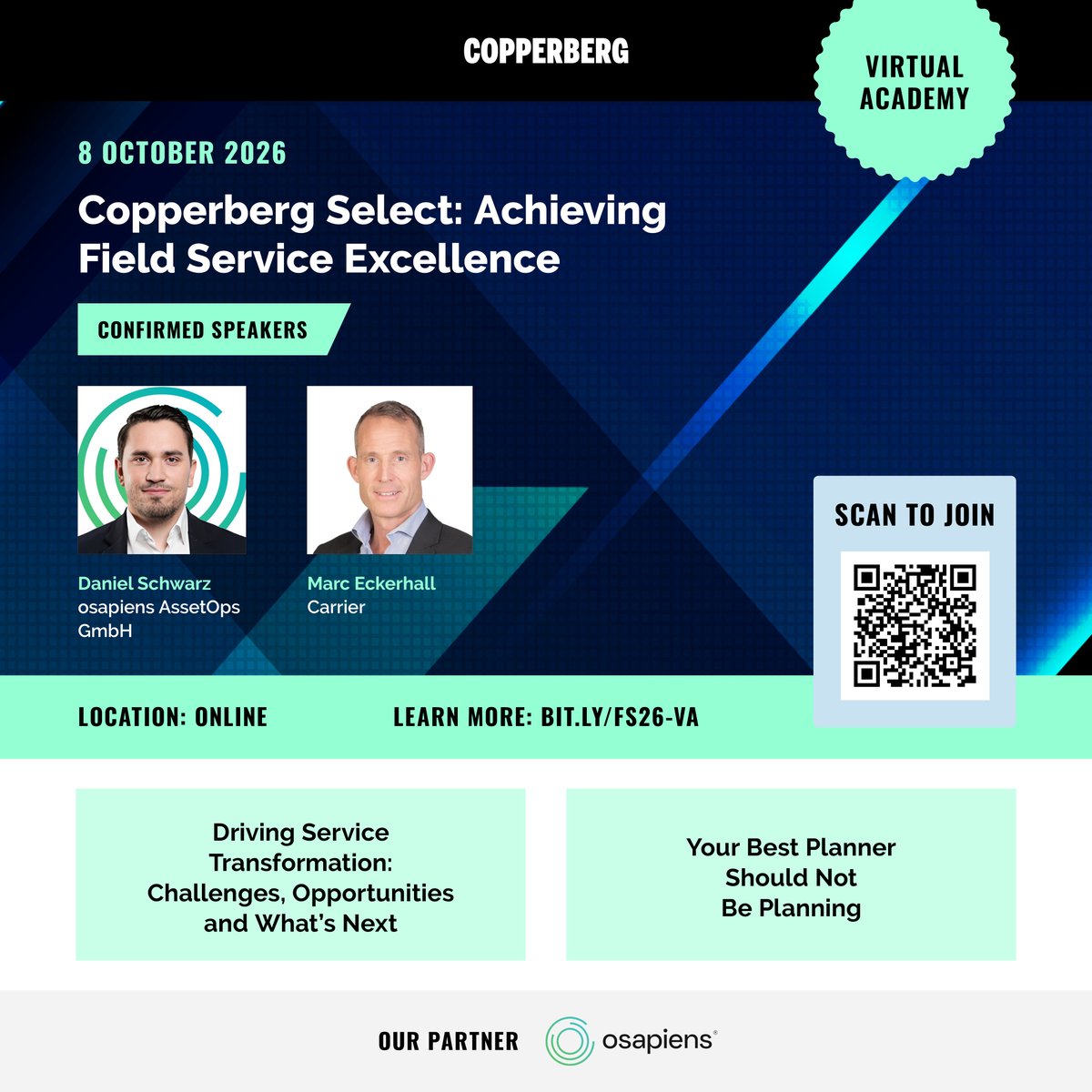 CopperbergAB's tweet photo. ⏰ Countdown to #FieldServiceVirtualAcademy! Join us on Oct. 8 for expert insights from Marc Eckerhall (Carrier) & Daniel Schwarz (osapiens). Register for live or on-demand access + exclusive content: https://t.co/PhJ438xjRa
#fieldservice #manufacturing #fsm https://t.co/8wIHahdNL1