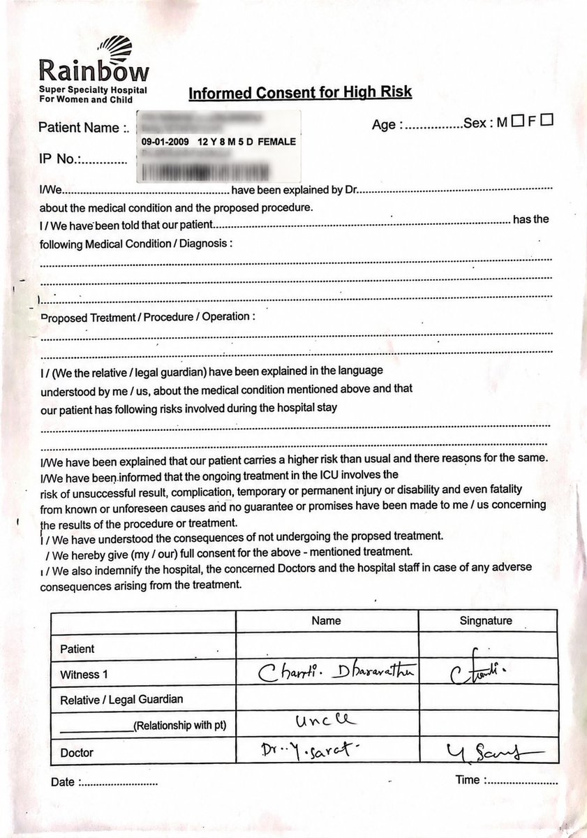 rajeshdharava13's tweet photo. 🚨 AN APPEAL FROM A GRIEVING FATHER FOR COMPLETE MEDICAL RECORDS FROM RAINBOW CHILDREN'S HOSPITAL, VIJAYAWADA (CURRENCY NAGAR BRANCH) 🚨
IMPORTANT NOTE: Posting this not to scare or blackmail anyone. As a grieving father, after numerous failed formal attempts to get my daughter's treatment records, I am forced to post this here as a last resort for higher authorities' attention.
My minor daughter, Baby D. Naga Vaishnavi (Patient ID: IP6-00035075), tragically passed away while undergoing treatment at Rainbow Children's Hospital, Vijayawada in Sept 2021. Even in that midnight hour of absolute trauma and devastating grief of losing my child, I acted with utmost responsibility, strictly followed your hospital protocols, and cleared lakhs of rupees in bills before taking her body. When I respected and abided by your hospital protocols during my darkest hour, why is the hospital management now refusing to follow official medical and government protocols to hand over my daughter's complete case sheets?
THE REASON WHY I NEED THESE RECORDS NOW:
I urgently need these files now because I am actively pursuing a legal court case and fighting for justice against the local hospital where my daughter was initially admitted before being shifted to Rainbow. These medical records are crucial supportive evidence for my ongoing court case. It is highly unfortunate that while I am fighting for legal justice, your Vijayawada branch is causing severe delays and withholding my legal evidence.
Since 10th March 2026, despite sending 6 to 7 official request letters via Registered Post and approaching the DMHO and the District Collector's Grievance cell, the branch continues to delay. Following explicit directives from authorities, the hospital finally handed over a case sheet file. However, that file is incomplete; critical medical records from the final 2 to 3 days before her tragic demise have been withheld and are missing. As a father, it is my absolute right to know exactly what specific treatments were administered during those crucial final days.
COMPLIANCE ISSUES NOTICED IN THE PROVIDED FILES (See Attached Photos):
The files handed over clearly reveal serious protocol violations regarding consents signed by my younger brother, Mr. Chanti Dharavathu (Patient's Attendant):

   1. Blank Consent Forms: My brother's signatures were taken on multiple 'Special Procedures' and 'Sedation' forms, but critical fields like the procedure name and associated risks were left ENTIRELY BLANK. Under Supreme Court guidelines, such blank consents hold no legal validity.
   2. Mixing of Records: A "High-Risk Informed Consent" form belonging to a completely different patient was mixed into my daughter's file and my brother was made to sign it as a witness.

Regarding these missing files, I personally met Unit Director Mr. Surya on 26th May 2026. He assured me that if records were unavailable, they would provide a clear explanation on the Hospital’s Letterhead. However, since that day, he has gone back on his word, blocked my number, and is completely ignoring my WhatsApp messages.
According to NMC regulations, a complete medical record is a fundamental patient right. I request Corporate Management and Chairman Dr. Ramesh Kancharla to kindly intervene, provide the missing records, and arrange a callback from a responsible Telugu-speaking executive.

* Complainant (Father): Rajesh Dharavathu (9948121008)
* Patient Attendant (Brother): Chanti Dharavathu

Humbly appeal to the Chief Minister of AP, Health Ministry, and listed authorities to help me get justice.
@RCH_India @DrRameshKanchar @AndhraPradeshCM @NMC_IND @MoHFW_INDIA @SatyaKumarY @NaraLokesh @PawanKalyan @NCPCR_ @tv9telugu @abntelugutv @ntvnewslive @etvteluguindia